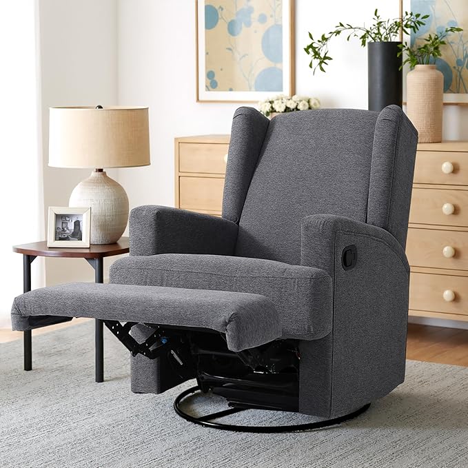 Swivel Glider Recliner Chairs Set of 2 for Adults - High Back Rocker Recliners with Deep Seat, Comfortable & Quiet Upholstered Fabric Armchairs for Living Room or Nursery, Manual Reclining-Gray