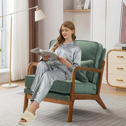 Mid-Century Accent Chair,Linen Fabric Lounge Chair with Wide Armrest,Linen Fabric Armchair with Lumbar Pillow & Solid Wood Frame for Living Room, Bedroom, Balcony(Green)