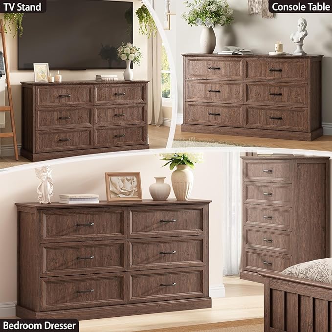 Farmhouse 6 Drawer Dresser for Bedroom, 55 Inch Wide Modern Brown Dresser TV Stand with Large Drawers & Bar Handles, Rustic Wood Chest of Drawers for Bedroom, Living Room, Hallway