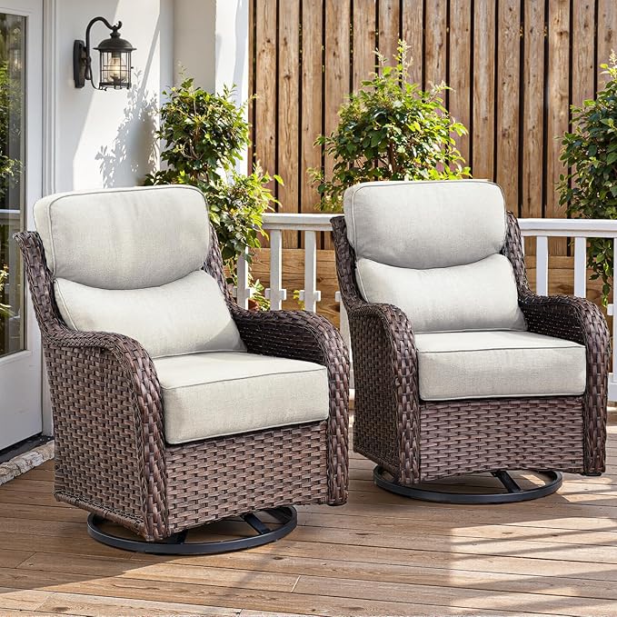 Belord Luxury 6" Thick Cushioned Outdoor Swivel Rocker Patio Chairs of 2, High Back Wicker Patio Furniture Set with Ergonomic Zone Back, Conversation Glider Set for Deck Porch - Brown+Beige