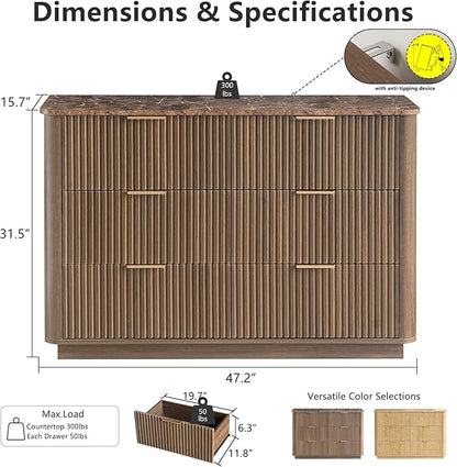 win2win 6 Drawer Dresser, Mid Century Modern Dresser with Storage, 47" Wide Fluted Chest of Drawers with Faux Marble Top, Dressers TV Stand, Drawers Organizer for Bedroom, Living Room, Hallway Walnut