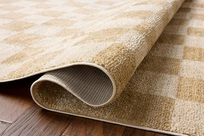 Loloi Chris Loves Julia Calvin Collection CLV-01 Wheat/Ivory 5'-3" x 5'-3" Round Area Rug Checkered Neutral Soft Living Room Bedroom Carpet
