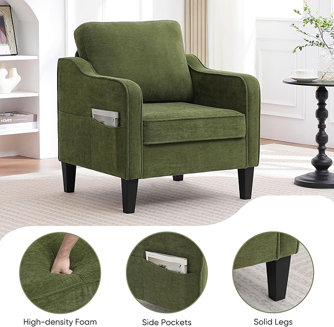 Accent Chairs Set of 2, Upholstered Living Room Chair with Side Pockets, Mid Century Modern Reading Chair for Bedroom, Comfy Armchair Single Sofa Side Chair for Office, Small Room, Olive Green