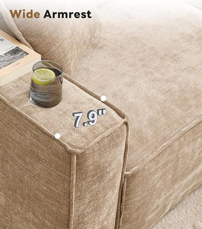WILLOVE 47'' Single Sofa with Ottoman, Chenille Cloud Couch with Wide Armrests & 3 Pillows, Deep Seat Couches for Living Room, Khaki