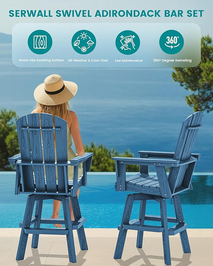 SERWALL 10-Piece Swivel Adirondack Bar Set, HDPE Swivel Bar Height Chairs Set of 8 with 2 Bar Tables, All-Weather Outdoor Barstools for Patio, Poolside, Garden, Blue