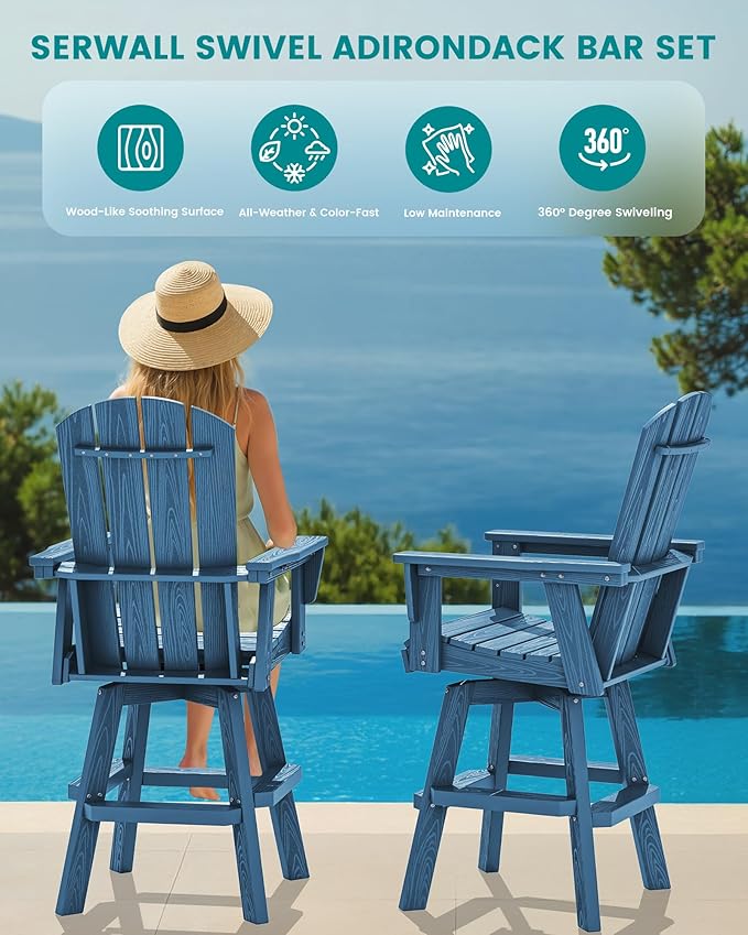SERWALL 3-Piece Swivel Adirondack Bar Set, HDPE Swivel Bar Height Chairs Set of 2 with Bar Table, All-Weather Outdoor Barstools for Patio, Poolside, Garden, Blue