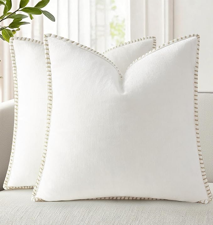 decorUhome Chenille Soft Throw Pillow Covers 18x18 Set of 2, Farmhouse Velvet Neutral Decorative Euro Pillow Covers with Stitched Edge for Couch Sofa Bed Home Decor, Cream White