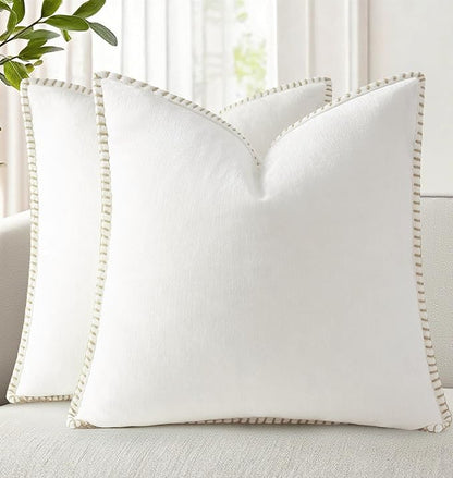 decorUhome Chenille Soft Throw Pillow Covers 24x24 Set of 2, Farmhouse Velvet Neutral Decorative Euro Pillow Covers with Stitched Edge for Couch Sofa Bed Home Decor, Cream White
