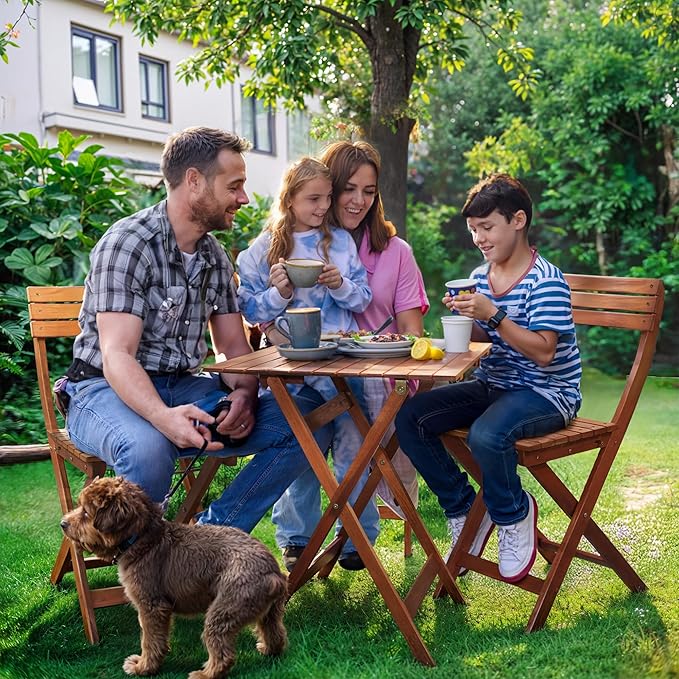 Tranquillo Foldable Eucalyptus Wood Bistro Set – 3-Piece Outdoor Patio Table and Chairs Set, Compact Folding Balcony Furniture, Weather & Water Resistant Garden Set for Small Spaces
