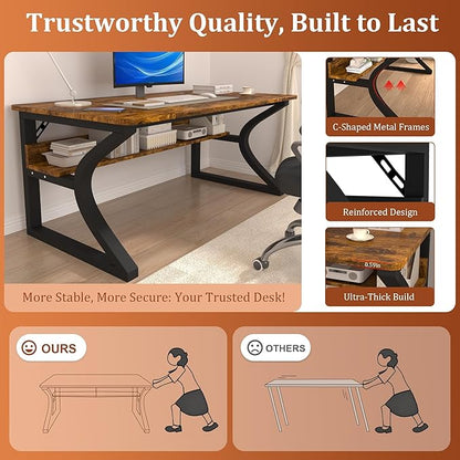 AZN Computer Desk, 55'' Computer Desk, Home Office Desks w/Storage, Home Office Desks w/U-Size Metal Frame for Home Office Bedroom, Study Writing Work Table w/Water-Resistant, Scratchproof Surface
