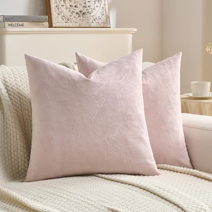 FUTEI Pink Velvet Throw Pillow Covers 18x18 Inch Set of 2,Soft Embossed Leaf-Relief Textured Cushion Cases,Natural Home Decor for Couch Living Room