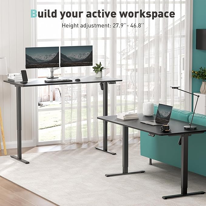 One-Piece Electric Standing Desk, 48 x 24 Inch Adjustable Height Sit to Stand Up Desk for Home Office, Work & Study, Black Frame & Black Desktop (2 Packages)