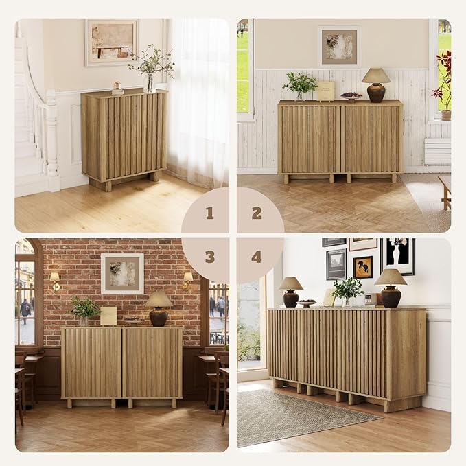 LukeAlon Fluted Sideboard Cabinet with Storage, 70" Farmhouse Boho Accent Buffet Cabinet, Wooden Credenza Cabinets for Living Room Dining Room Entryway Hallway, Natural Wood Color