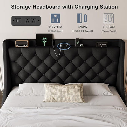 Queen Size Upholstered Platform Bed Frame with 4 Storage Drawers and Charging Station, Linen Button Tufted Wingback Headboard, Sturdy Wooden Support Slats, No Box Spring Needed, Black