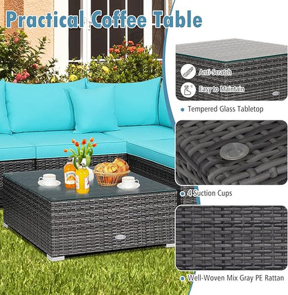 Tangkula 7 Pieces Patio Furniture Set, Patiojoy All-Weather Outdoor Rattan Sectional Sofa Set with Cushions and Tempered Glass Coffee Table, for Garden, Lawn, Backyard (Turquoise)