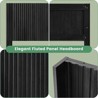 COCO DESIGN Queen Size Headboard Only, 64.3" Wide Wooden Headboard, Mid Century Modern Farmhouse Boho HeadBoard, Wall Mount, Fluted Panel, Wingback Design, Black