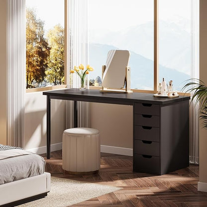 Tribesigns Modern Simple Computer Desk, 47 Inches PC Desk with 5 Reversible Drawers, Rustic Brown Study Writing Table Workstation for Home Office Small Spaces (Black)