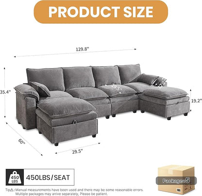 130" U Shaped Modular Sectional Sofa, Couch with Ottoman Storage, Chenille Cloud Couch with Plush Deep Seating for Living Room, Bedroom (6 Seat, Light Grey)