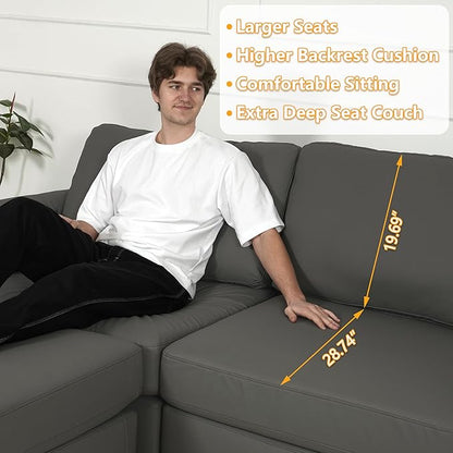 EASE MOOSE Loveseat Sofa for Living Room,Oversized Deep Seat Modular Sectional,Modern Comfy 2 Seater Sofas,Scratch Resistant Faux Leather Couch for Small Spaces,Grey