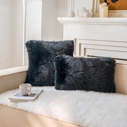 Neelvin Black Faux Fur Cozy Fluffy Double-Sided Decorative Throw Pillow Covers 24x24 inch Set of 2,Velvet Pillowcase Cushion Case for Sofa Couch