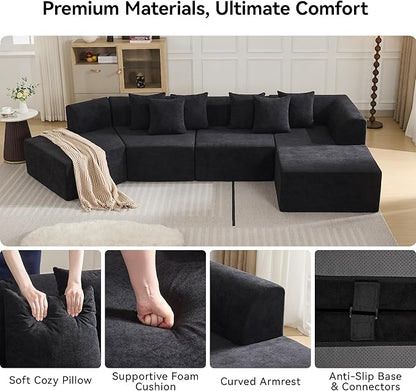 140''Oversized Cloud Velvet Curved Sectional Couch, Boneless Couch with L-Shape Chaise, Upholstered Compression Memory Foam Modular Sectional Sofa for Living Room, No Assembly Required, Black