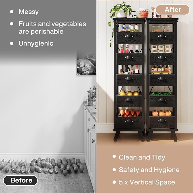 Tribesigns Black Wood Fruit and Vegetable Storage Rack, 5-Tier Narrow Snack Stand Kitchen Stand Fruit Basket, Pull-Out Utility Organizer for Kitchen, Living Room