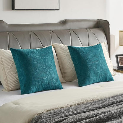 FUTEI Teal Velvet Throw Pillow Covers 24x24 Inch Set of 2,Soft Embossed Leaf-Relief Textured European Cushion Cases,Natural Home Decor for Couch Living Room