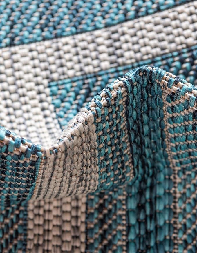 Unique Loom Outdoor Border Collection Area Rug - Soft Border (7' 10" Round, Teal/ Ivory)