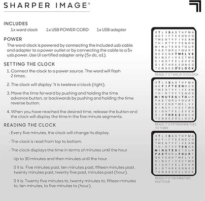 Sharper Image LED Word Digital Clock, 7.75", Black Finish, Light-Up Desk & Wall Clock, Modern Time Display, Shelf or Wall Decor for Home Office, Living Room, Kitchen & Bedroom, Housewarming Gift