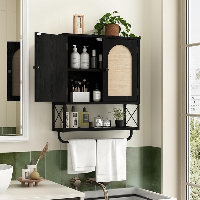 RUSTOWN Rattan Bathroom Wall Cabinet, Boho Over The Toilet Storage Cabinet with Arched Rattan Doors, Modern Medicine Cabinet with Adjustable Shelves & Towel Bar (Black, Medium)