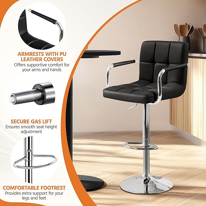Yaheetech Bar Stools, PU Leather Adjustable Swivel Barstools, Hydraulic Kitchen Counter Height Bar Chairs with Armrest and Back for Kitchen, Dining Room, Black