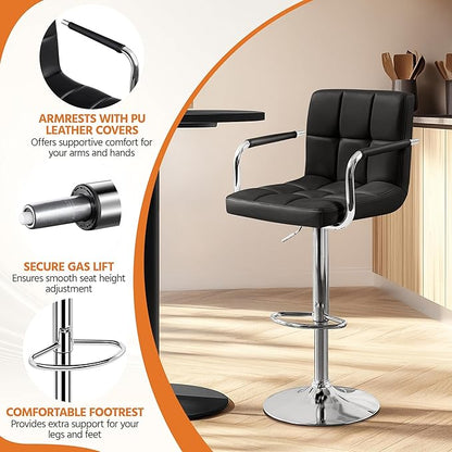 Yaheetech Bar Stools, PU Leather Adjustable Swivel Barstools, Hydraulic Kitchen Counter Height Bar Chairs with Armrest and Back for Kitchen, Dining Room, Black