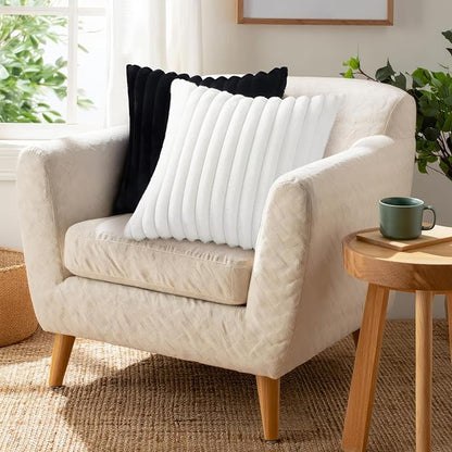 Pallene Faux Fur Plush Throw Pillow Covers 24x24 Set of 2, Luxury Soft Fluffy Striped Decorative Pillow Covers for Sofa, Couch, Living Room, White