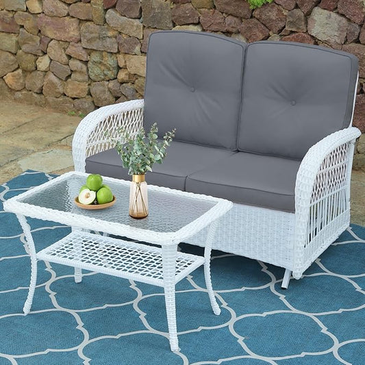 VIVIJASON 2-Piece Patio White Wicker Loveseat Glider Set Cushioned, Outdoor Conversation Furniture Sets with 2-Seater Glider Rocking Bench, Coffee Table and Cushions for Porch Garden Poolside, Grey