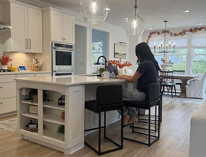 ALPHA HOME 24 Inch Bar Stools, Kitchen Counter Stools with Backs, Black Bar Stools Set of 3, PU Leather Barstools, Kitchen Stools with Back&Upholstered Footrest, Sturdy Chromed Metal Steel Frame