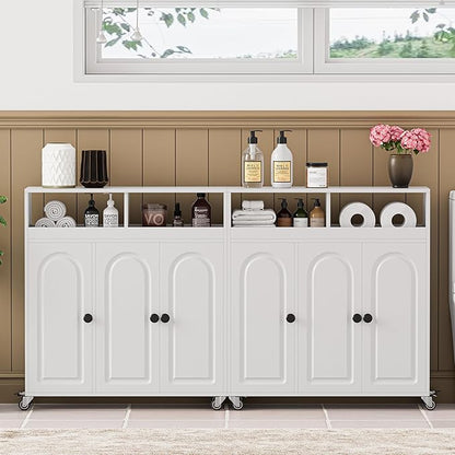 Bathroom Storage Cart with Doors，3-Door Cabinet & Divided Open Shelf，Rolling Organizer Cart for Bathroom, Toilet，White (2)