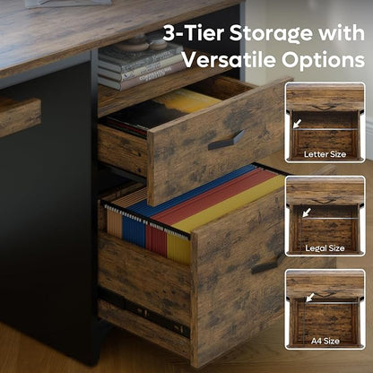 Bestier Office Desk with Drawers, 55 inch Industrial Computer Desk with Storage, Wood Teacher Desk with Keyboard Tray & File Drawer for Home Office, Rustic Brown