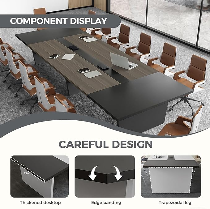 Modern Conference Table with Cable Management, Thickened Top & Trapezoidal Legs – Office Meeting Table for Executive Workspaces (Oak+Gray, 118" L