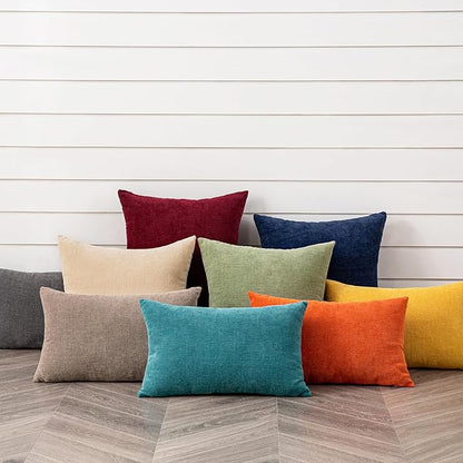 GAWAMAY Decorative Chenille Throw Pillow Covers 24x24 Inch Pack of 2, Soft Square Couch Pillow Cover for Sofa Cushion Living Room Bedroom Solid Dyed Pillowcases Beige 60x60cm (ONLY Covers)