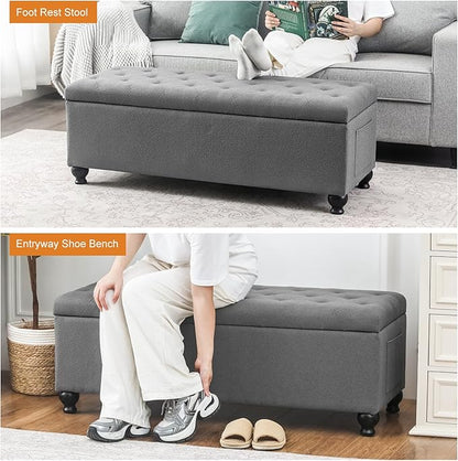 Storage Ottoman Bench 46 Inch Ottoman Bench with Storage Fabric Tufted Benches for End of Bed, Upholstered Ottomans Benches King Size with Hinged Lid for Living Room Bedroom Grey