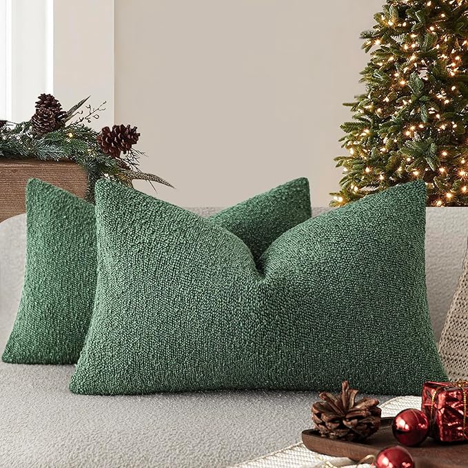 Foindtower Pack of 2 Textured Boucle Throw Pillow Covers Accent Solid Decorative Lumbar Pillow Cases Soft Couch Cushion Case for Chair Sofa Bedroom Living Room Home Decor 12x20 Inch Pine Green