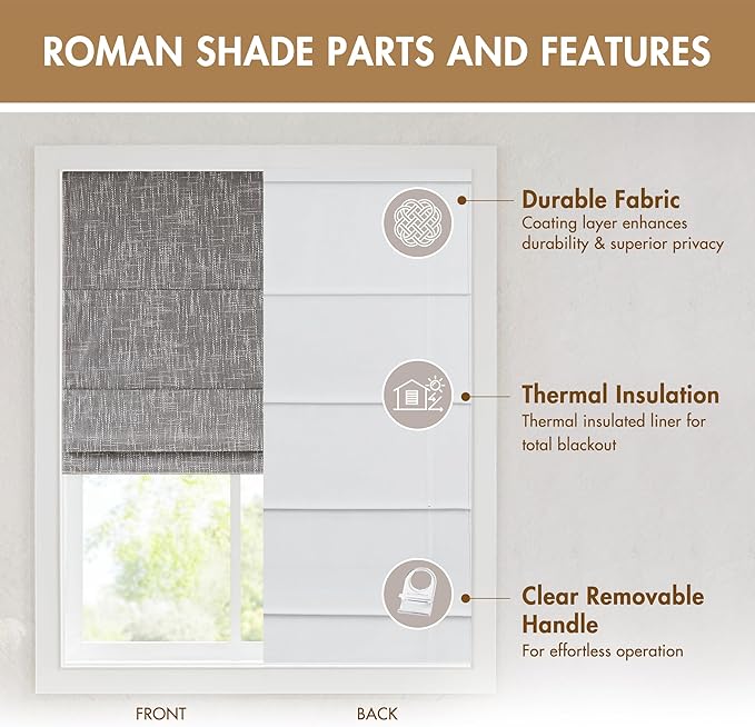 Madison Park Cordless Roman Shades, Total Blackout Window Blind Privacy Window Shades, Thermal Insulated Cordless Window Treatment for Bedroom, Living Room, Quincy, Single Panel 29" W X 64" H Grey