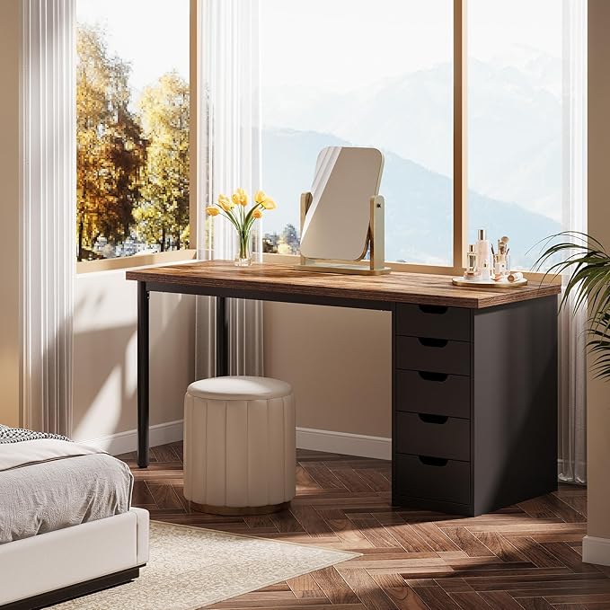 Tribesigns Modern Simple Computer Desk, 47 Inches PC Desk with 5 Reversible Drawers, Rustic Brown Study Writing Table Workstation for Home Office Small Spaces (Brown+Black)