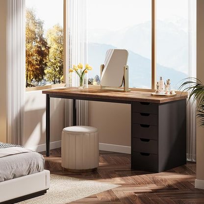 Tribesigns Modern Simple Computer Desk, 47 Inches PC Desk with 5 Reversible Drawers, Rustic Brown Study Writing Table Workstation for Home Office Small Spaces (Brown+Black)