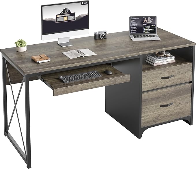 Bestier Office Desk with Drawers, 55 inch Industrial Computer Desk with Storage, Wood Teacher Desk with Keyboard Tray & File Drawer for Home Office, Dark Gray Oak