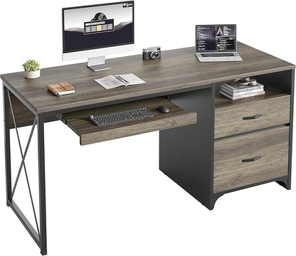 Bestier Office Desk with Drawers, 55 inch Industrial Computer Desk with Storage, Wood Teacher Desk with Keyboard Tray & File Drawer for Home Office, Dark Gray Oak