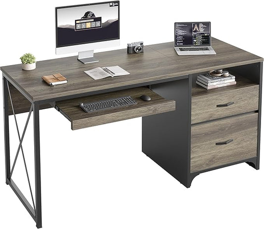 Bestier Office Desk with Drawers, 55 inch Industrial Computer Desk with Storage, Wood Teacher Desk with Keyboard Tray & File Drawer for Home Office, Dark Gray Oak