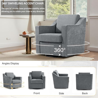 UIXE Swivel Accent Chairs Set of 2, Chenille Upholstered Arm Chair for Living Room, Modern Club Armchair Comfy Single Sofa Bedroom Reading Seat with Lumbar Pillow - Gray