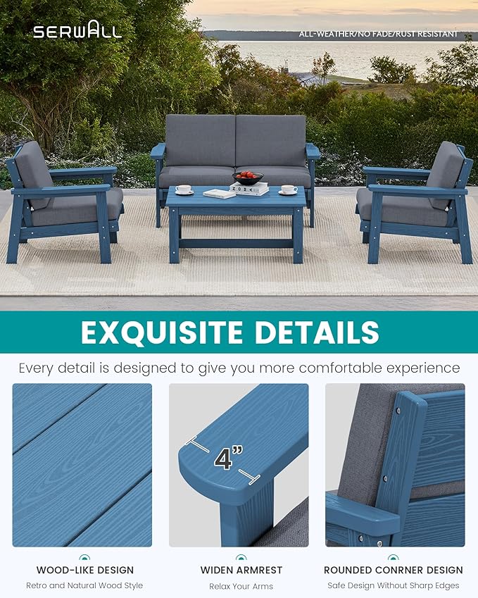 SERWALL 4 Piece HDPE Outdoor Furniture Set, All Weather Wood-Like Outdoor Sofa Sectional Couch, Blue Patio Furniture Set with Grey Cushions