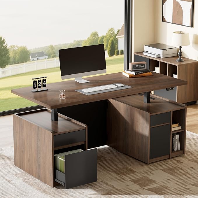 Executive Standing Desk with Drawers & Storage, 71'' Adjustable Electric Stand Up Wood Desk with Privacy Panel, AC/USB, File Cabinet, Large One-Piece Destop for Home Office, Black Walnut